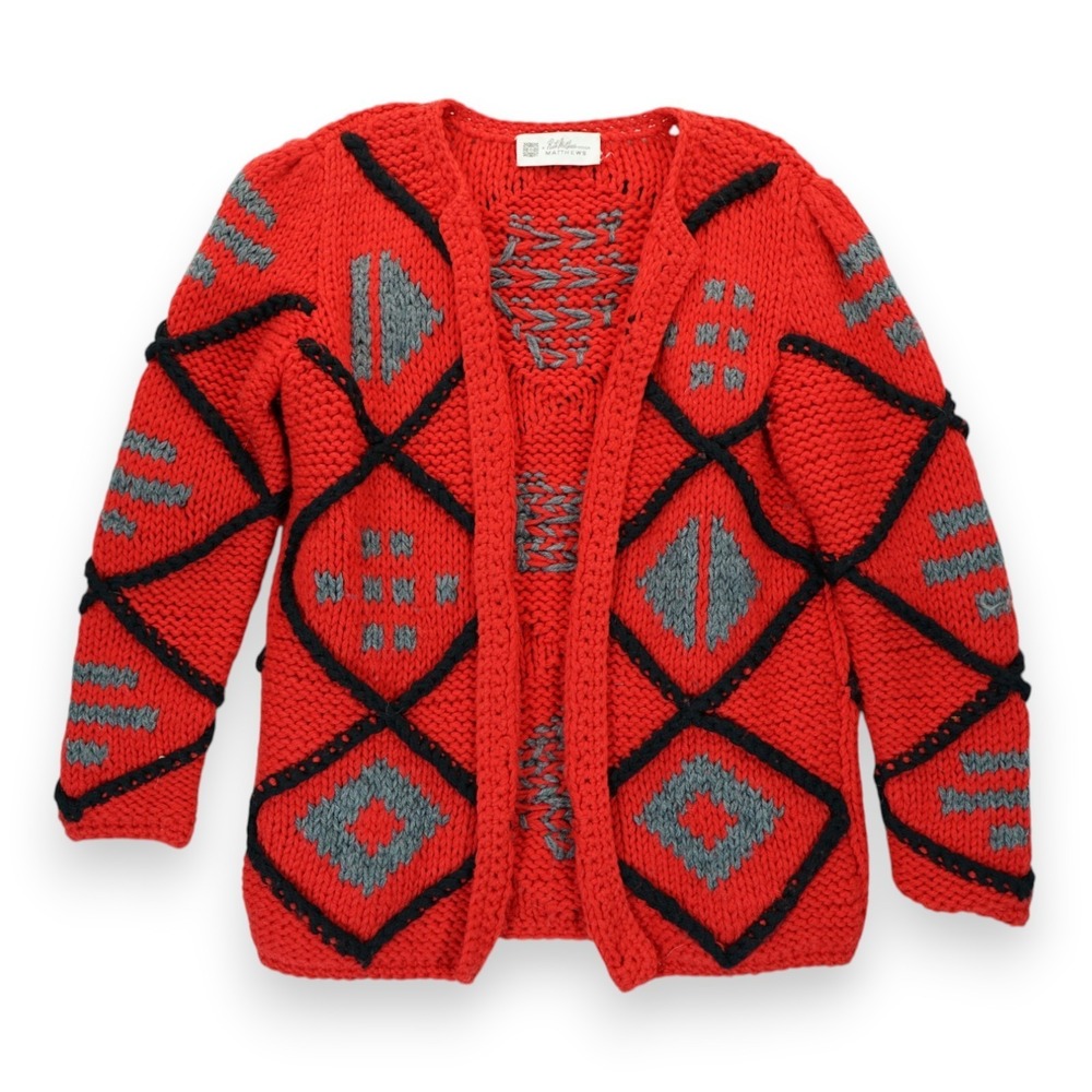 VTG Ruth‎ Matthews Design Open Front Crochet Cardigan ~ Size Small ~ Red
